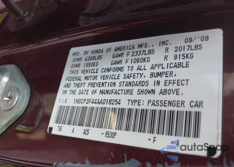 2010 Honda Accord 2.4 Lx-P из США, поврежденный, VIN 1HGCP2F44AA018254